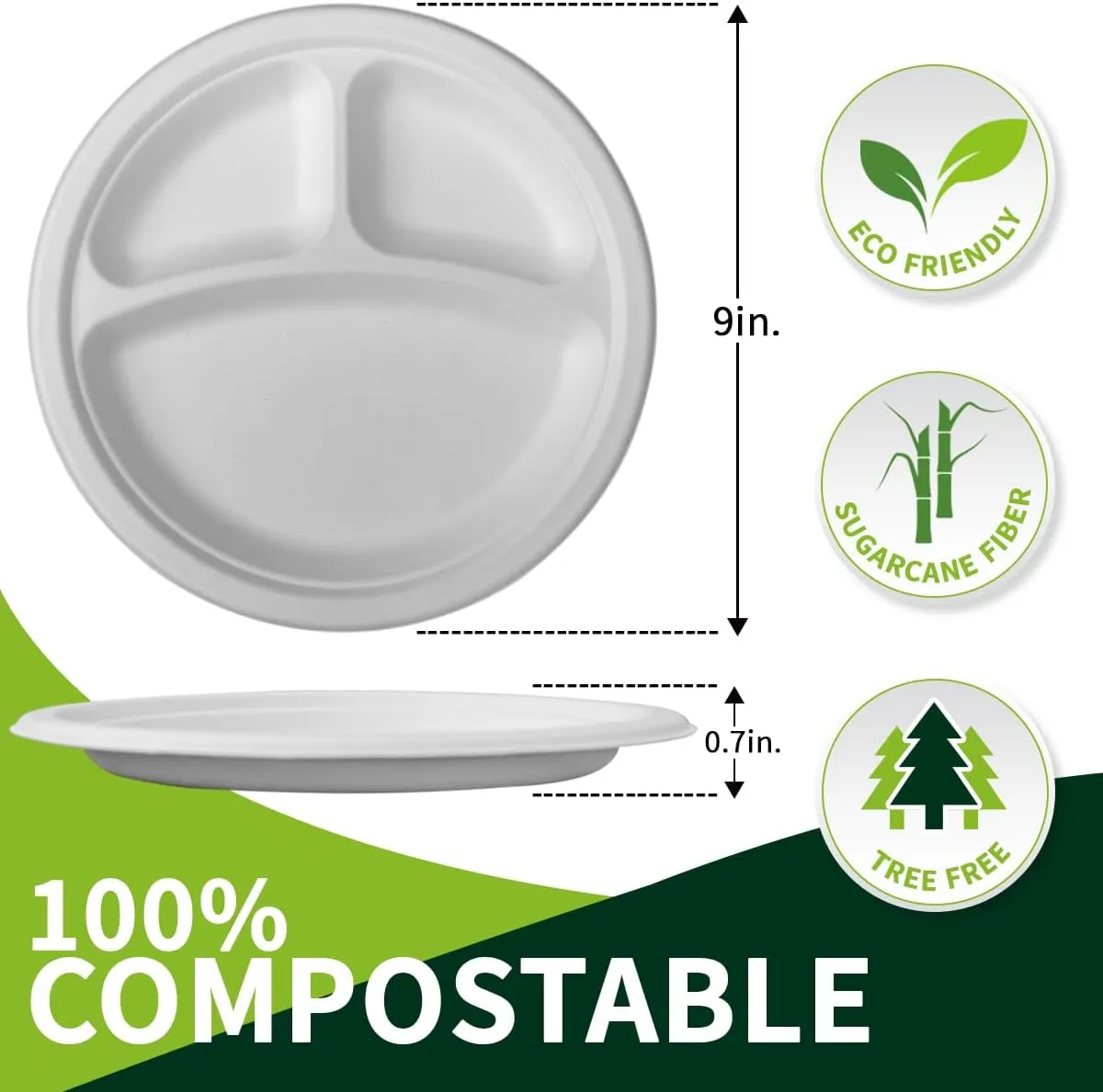 150 Pieces 100% Compostable 9"" Paper Plates, 3 Compartments Heavy Duty Disposable Plates, Eco Friendly Combo Plates, Biodegradable Dividers made of Sugarcane Fiber (9"")