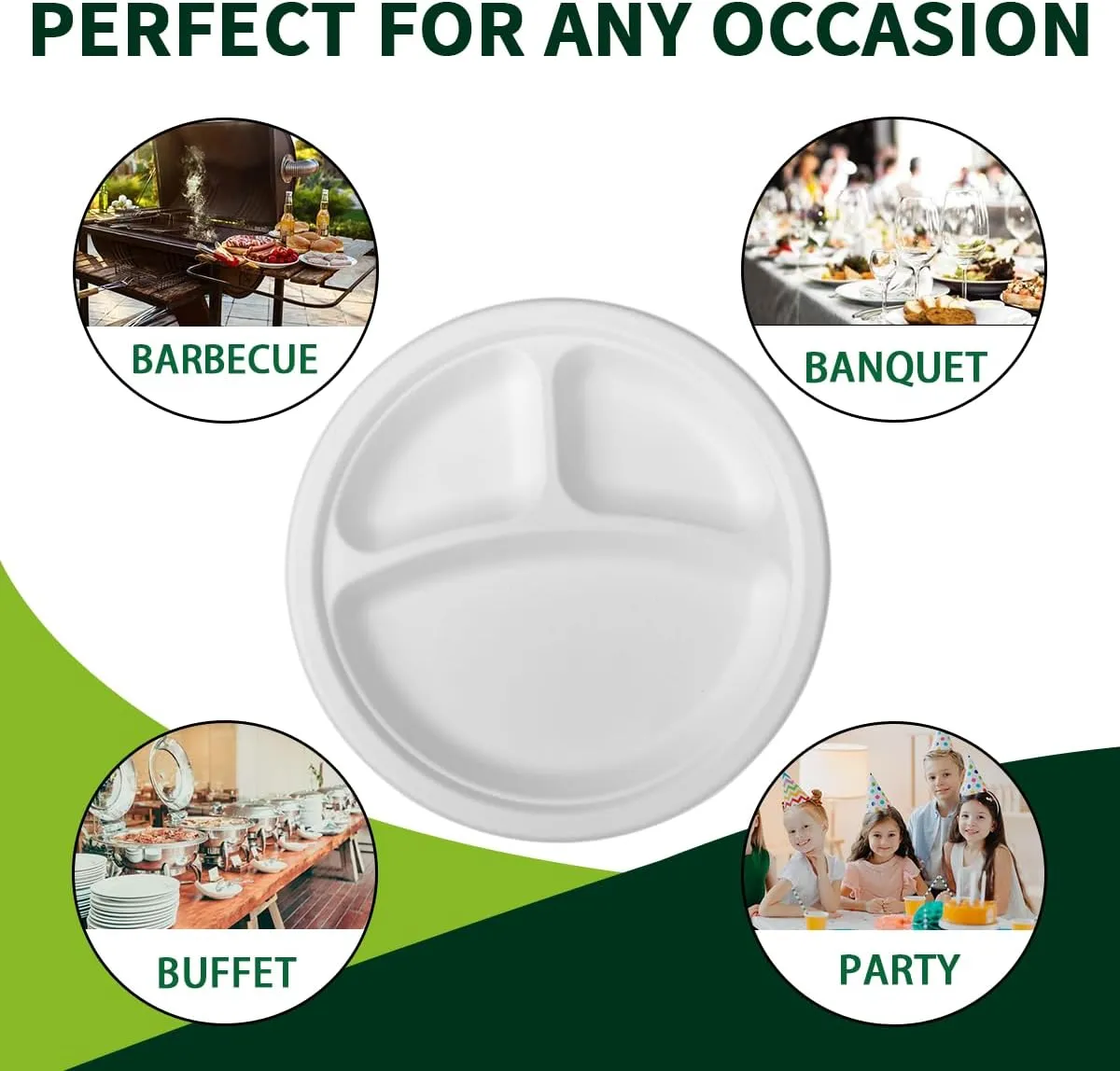 150 Pieces 100% Compostable 9"" Paper Plates, 3 Compartments Heavy Duty Disposable Plates, Eco Friendly Combo Plates, Biodegradable Dividers made of Sugarcane Fiber (9"")