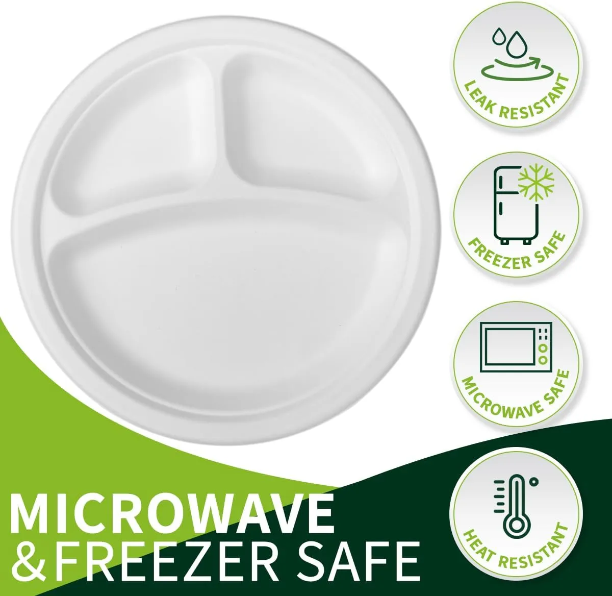 150 Pieces 100% Compostable 9"" Paper Plates, 3 Compartments Heavy Duty Disposable Plates, Eco Friendly Combo Plates, Biodegradable Dividers made of Sugarcane Fiber (9"")