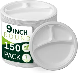 150 Pieces 100% Compostable 9"" Paper Plates, 3 Compartments Heavy Duty Disposable Plates, Eco Friendly Combo Plates, Biodegradable Dividers made of Sugarcane Fiber (9"")