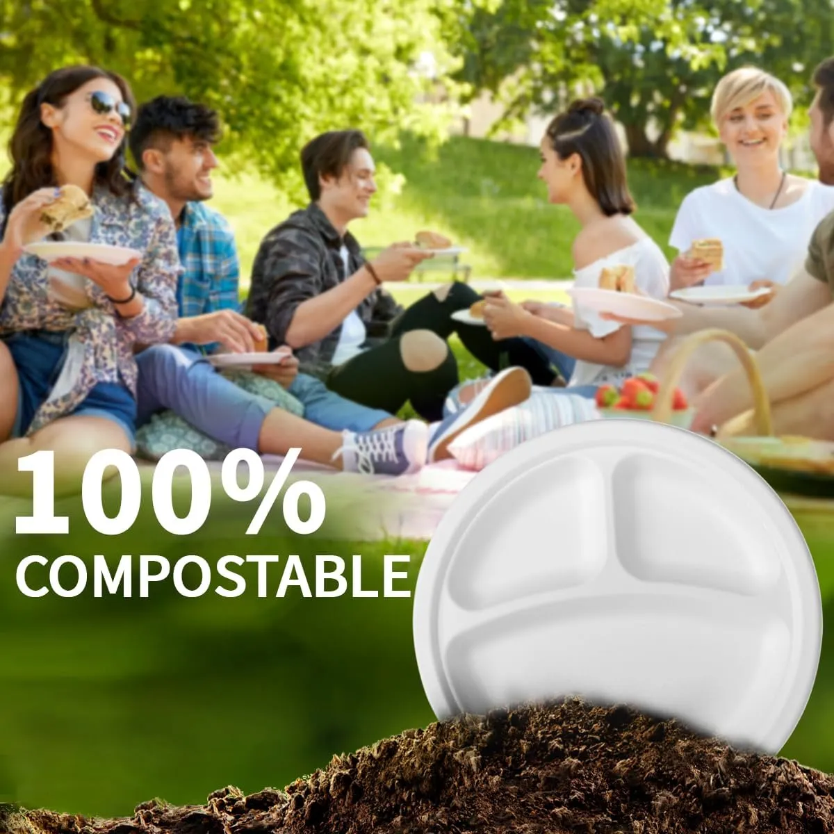 150 Pieces 100% Compostable 9"" Paper Plates, 3 Compartments Heavy Duty Disposable Plates, Eco Friendly Combo Plates, Biodegradable Dividers made of Sugarcane Fiber (9"")