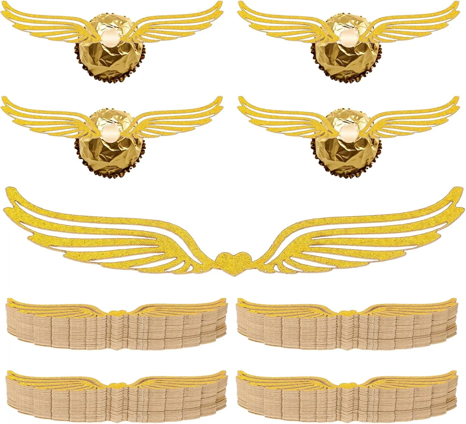 50 PCS Gold Wings for Cupcakes, Chocolate Decor with Glue Point Glitter Golden Wings Wizards Chocolate Decorations Wafer Cupcake Toppers for Themed Wedding Party Birthday Cake Decoration