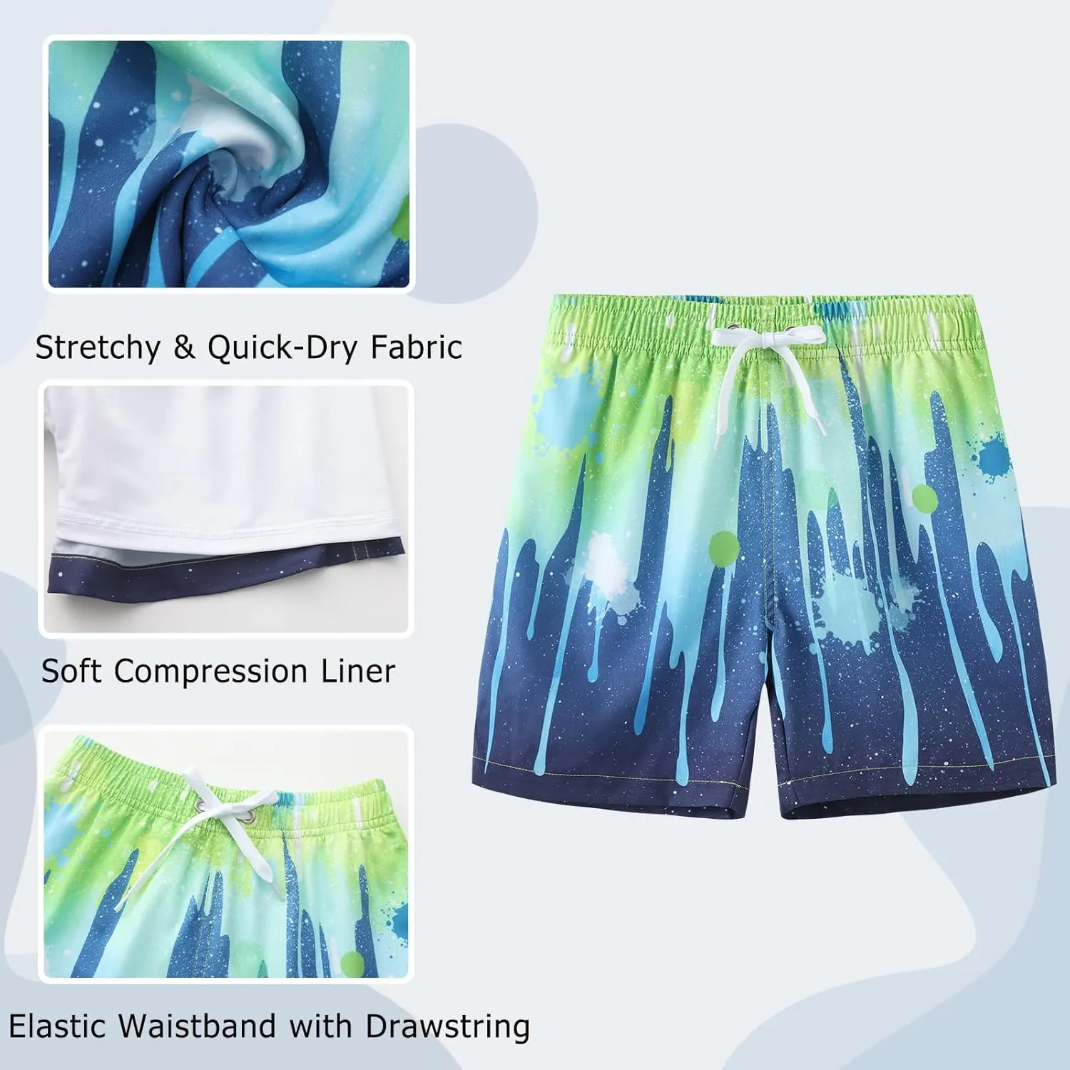 Aisyee Boys Swim Trunks with Compression Liner Swim Shorts Boys Boards Shorts with Boxer Brief Liner 7-16 Years
