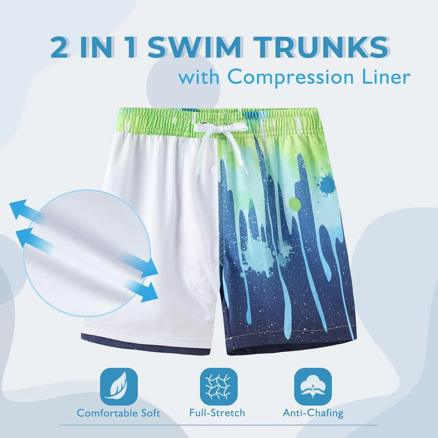 Aisyee Boys Swim Trunks with Compression Liner Swim Shorts Boys Boards Shorts with Boxer Brief Liner 7-16 Years