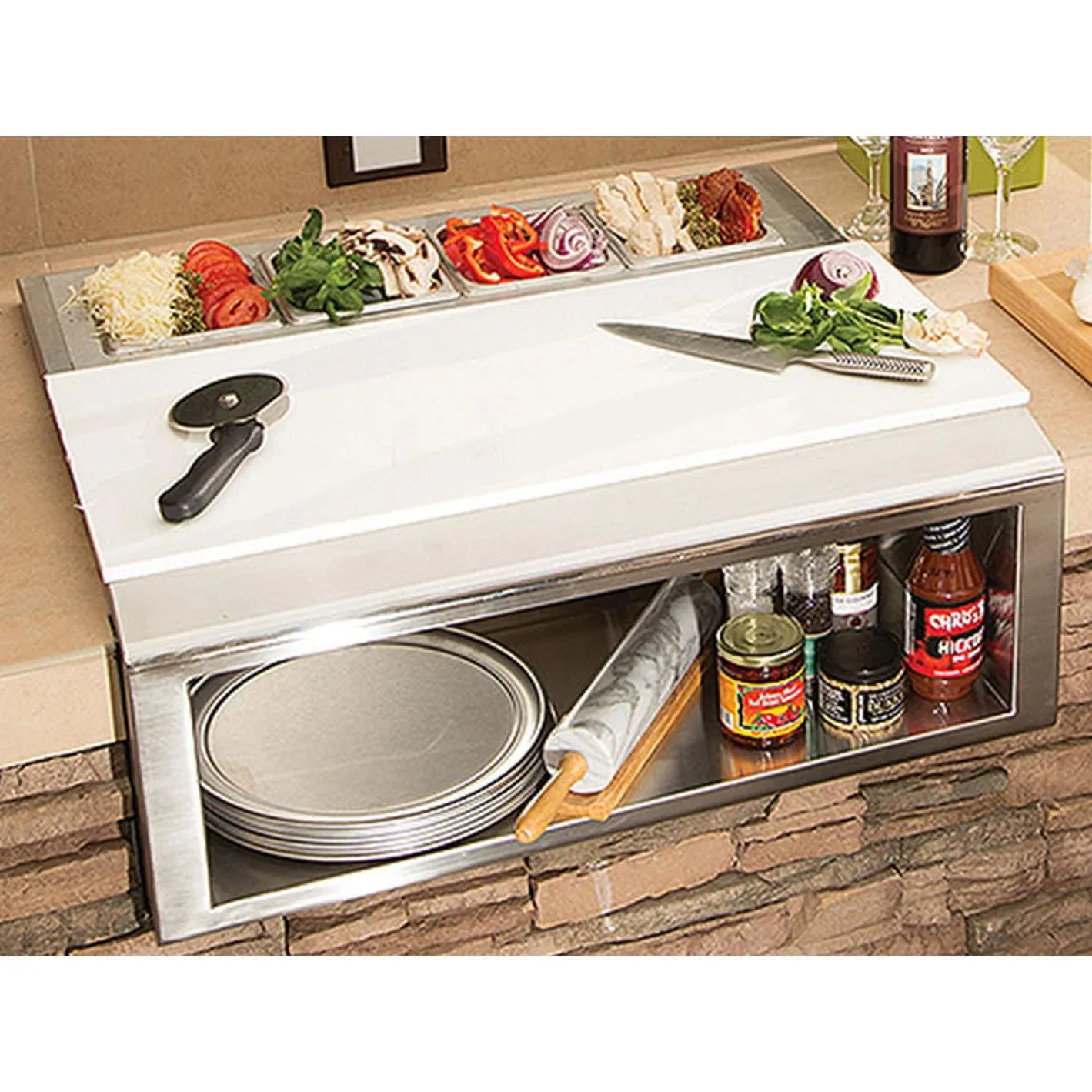 Alfresco: 30" Pizza Prep & Garnish Rail w/ Food Pans