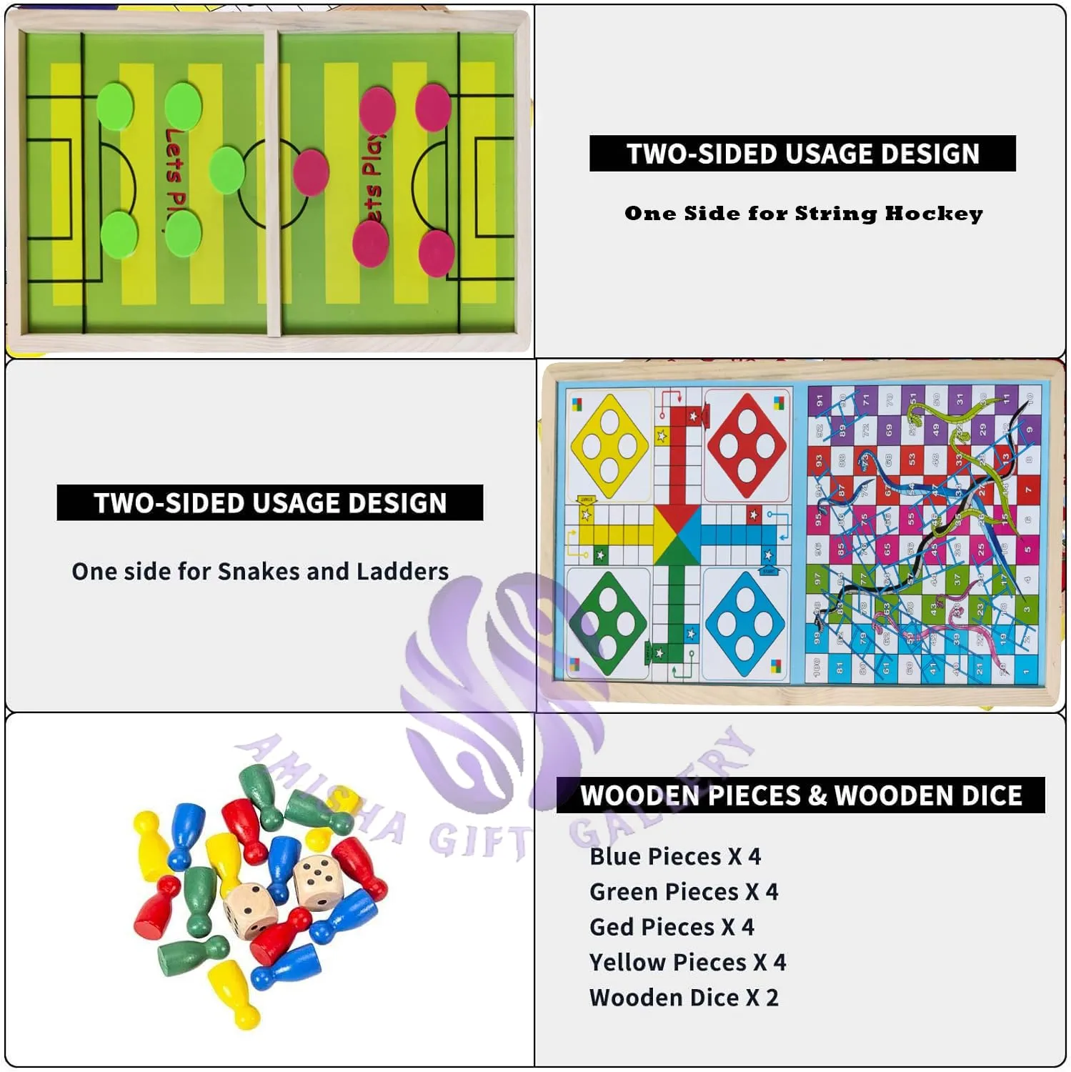 Amisha Gift Gallery Board Game for Kids String Hockey Ludo Snake and Ladder 3 in 1 Board Games for Adults & Wooden String Hockey Game Sling Puck Board Carrom Toy Perfect for Family Entertainment