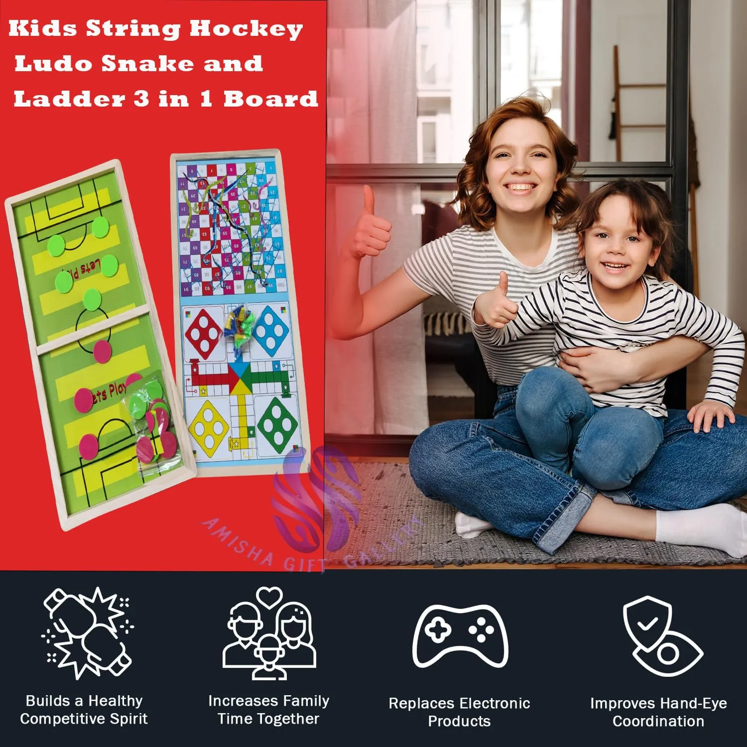 Amisha Gift Gallery Board Game for Kids String Hockey Ludo Snake and Ladder 3 in 1 Board Games for Adults & Wooden String Hockey Game Sling Puck Board Carrom Toy Perfect for Family Entertainment