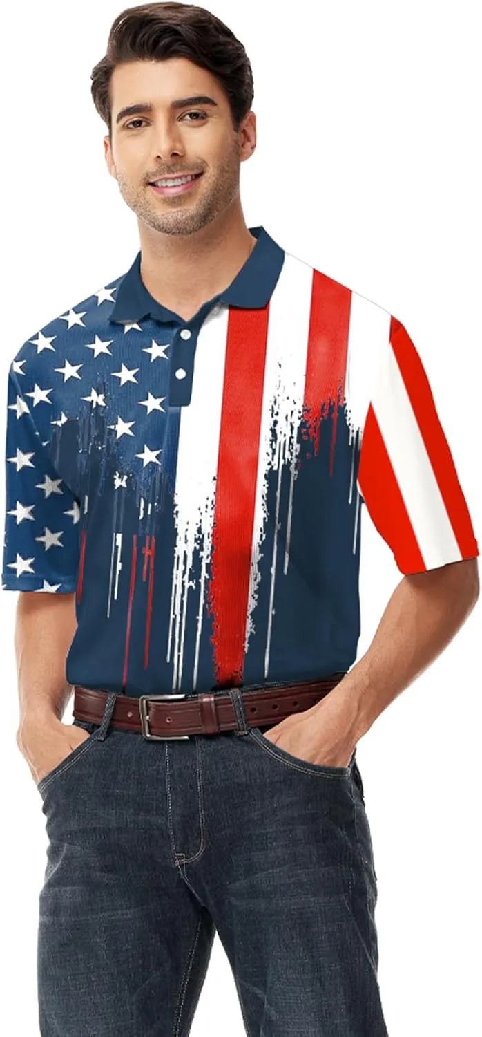 AOBUTE Mens Patriotic Polo July 4th Golf Shirts American Flag Activewear Tops