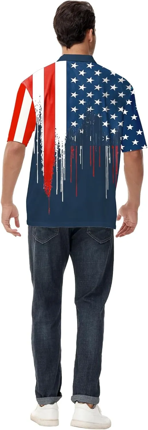 AOBUTE Mens Patriotic Polo July 4th Golf Shirts American Flag Activewear Tops