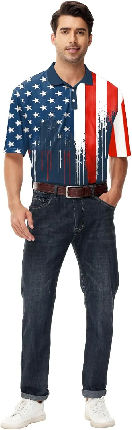 AOBUTE Mens Patriotic Polo July 4th Golf Shirts American Flag Activewear Tops