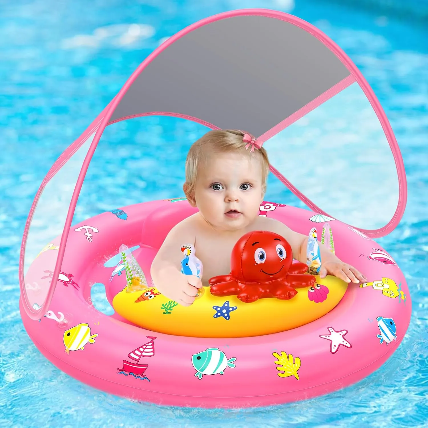 Baby Pool Float with Canopy, Inflatable Baby Swim Float with UPF50  Sun Protection, Toddler Infant Pool Float with Toy Play Console Adjustable Safety Seat for Kids Girls Boys Aged 6-36 Months