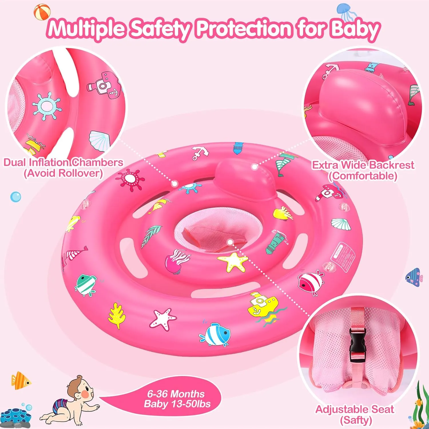 Baby Pool Float with Canopy, Inflatable Baby Swim Float with UPF50  Sun Protection, Toddler Infant Pool Float with Toy Play Console Adjustable Safety Seat for Kids Girls Boys Aged 6-36 Months