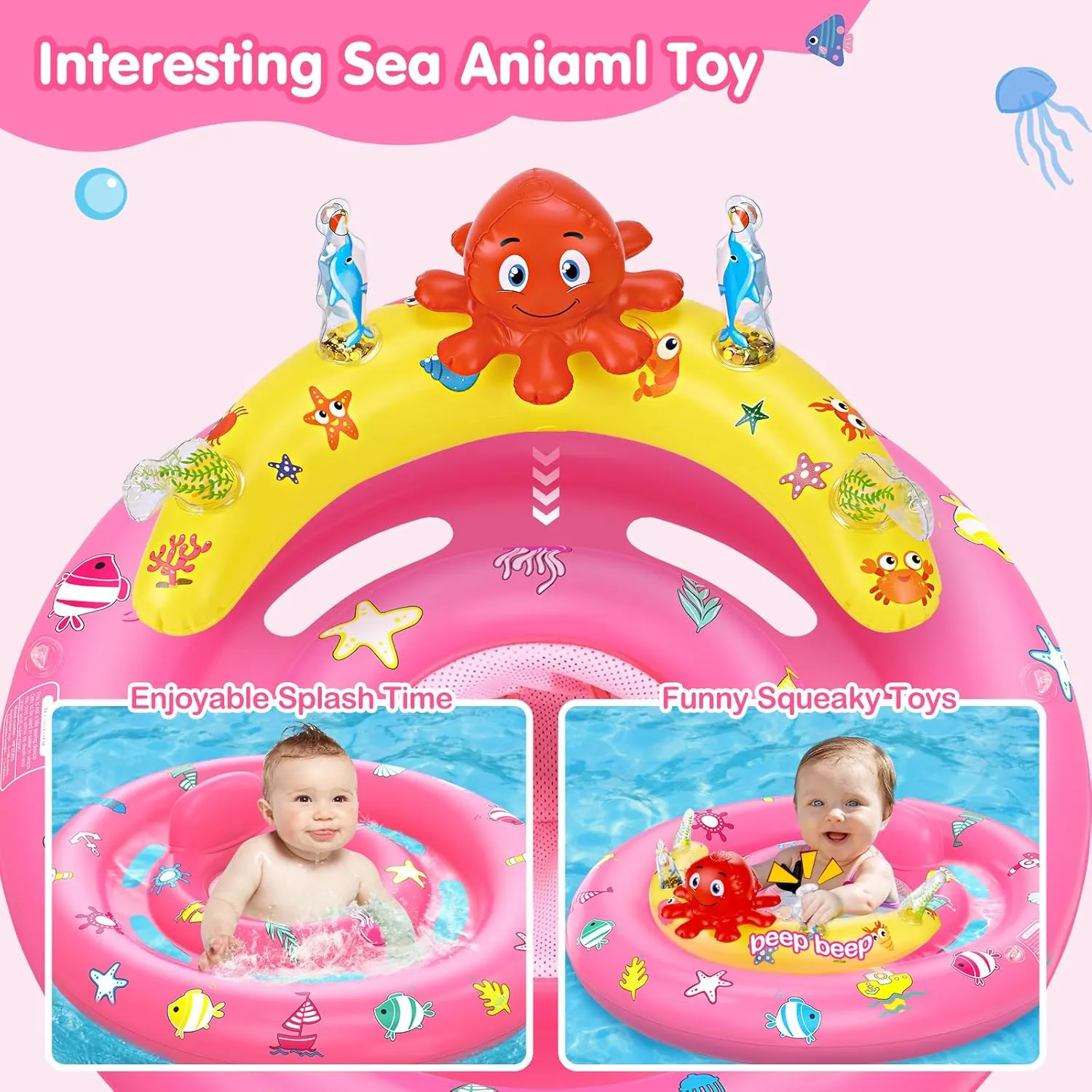 Baby Pool Float with Canopy, Inflatable Baby Swim Float with UPF50  Sun Protection, Toddler Infant Pool Float with Toy Play Console Adjustable Safety Seat for Kids Girls Boys Aged 6-36 Months