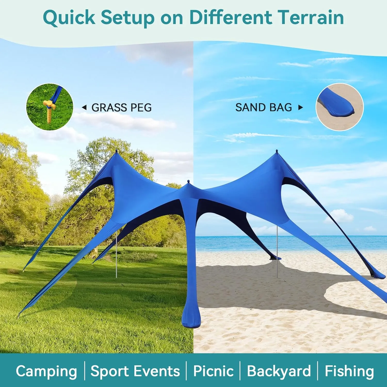 Beach Tent Sun Shelter,UPF 50  Protection Sun Shade Canopy with 6 Sand Bags,4 Support Poles, Portable 1320FT Outdoor Canopy Tent for Beach Camping,Fishing,Picnic (Dark Blue)