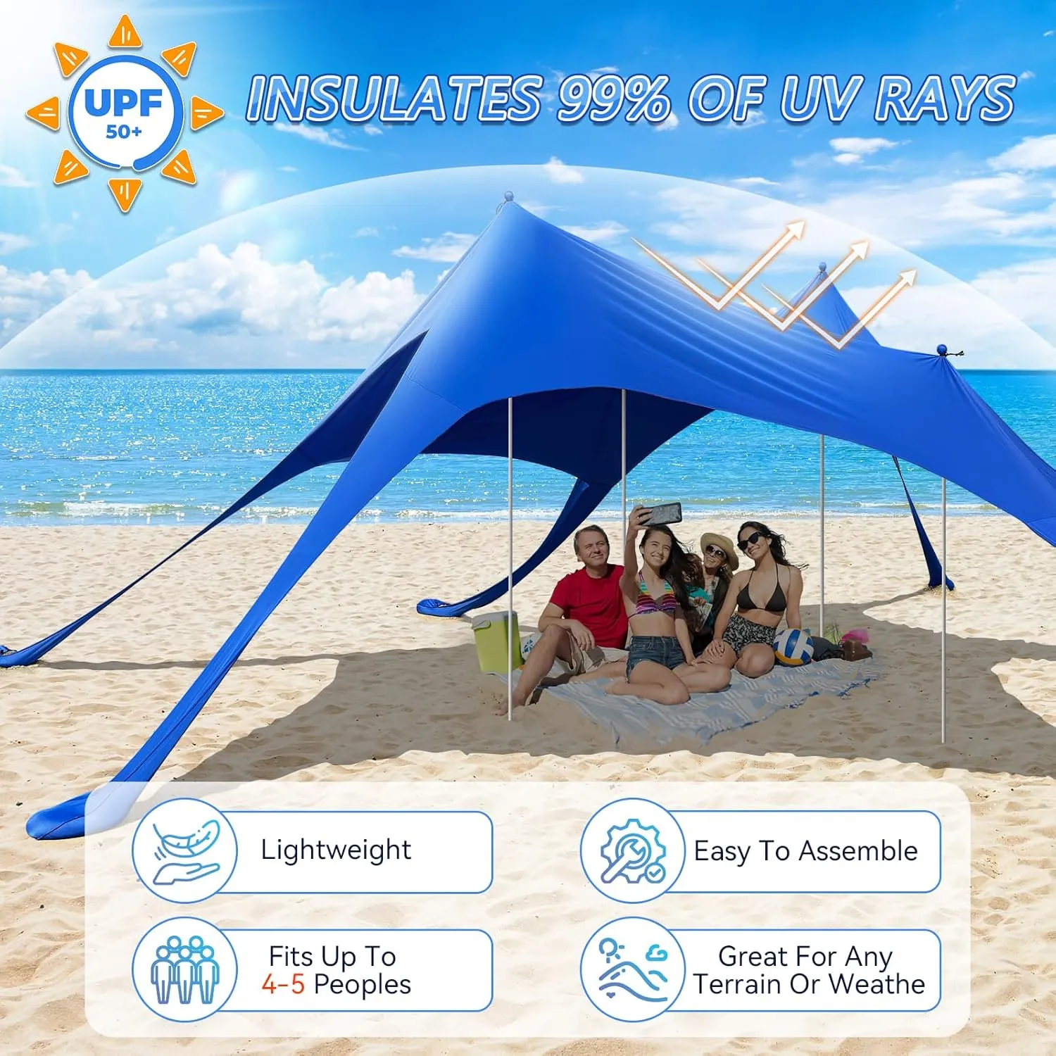 Beach Tent Sun Shelter,UPF 50  Protection Sun Shade Canopy with 6 Sand Bags,4 Support Poles, Portable 1320FT Outdoor Canopy Tent for Beach Camping,Fishing,Picnic (Dark Blue)