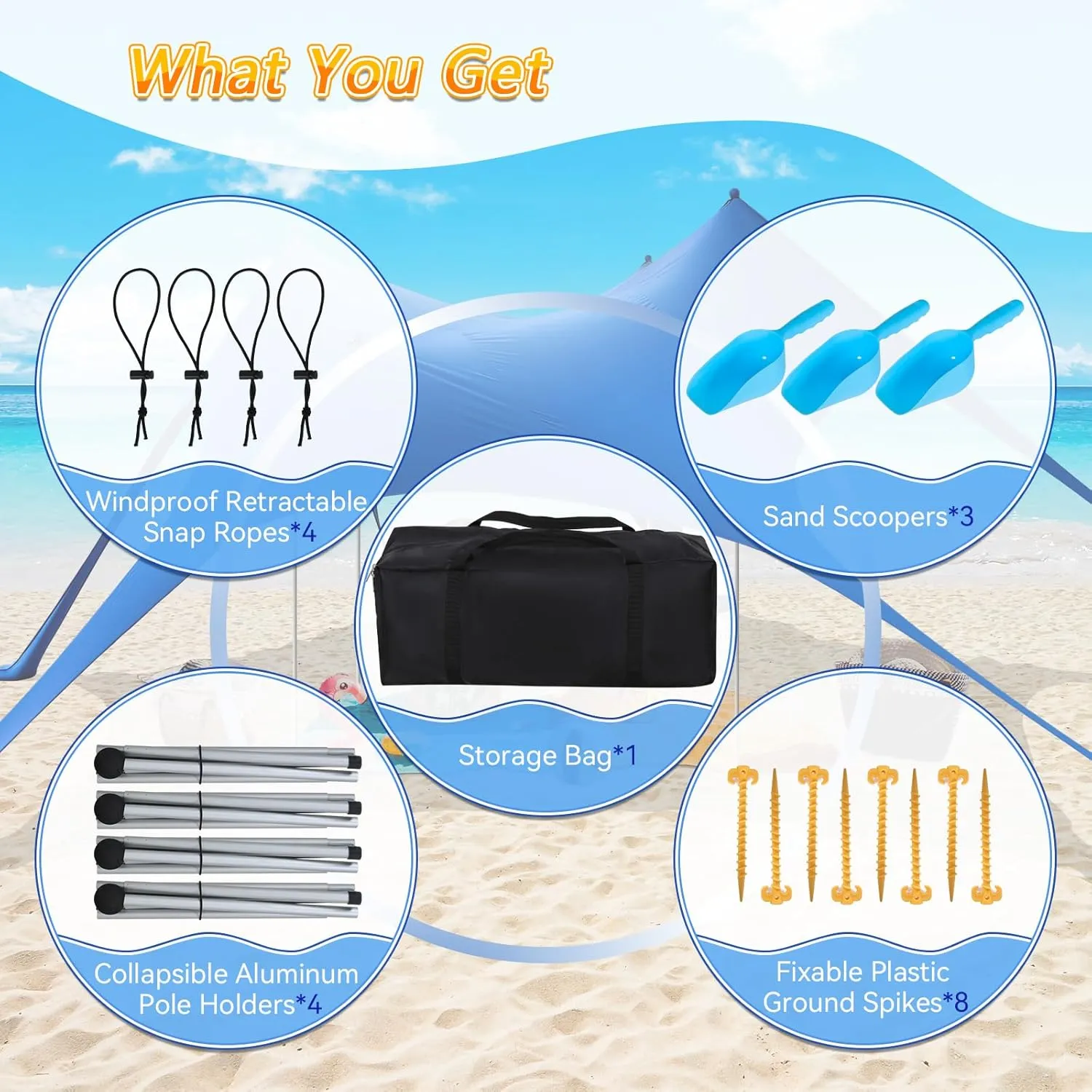 Beach Tent Sun Shelter,UPF 50  Protection Sun Shade Canopy with 6 Sand Bags,4 Support Poles, Portable 1320FT Outdoor Canopy Tent for Beach Camping,Fishing,Picnic (Dark Blue)