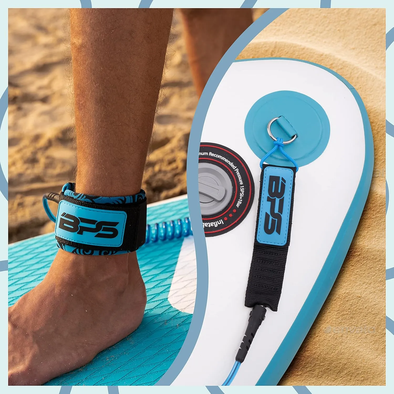 BPS Storm Premium 7.2mm Coil SUP Leash Paddleboard Ankle Leash Quick Release Tab, with Waterproof Waist Bag Longboard Surfboard Stand-up Paddleboard Accessories