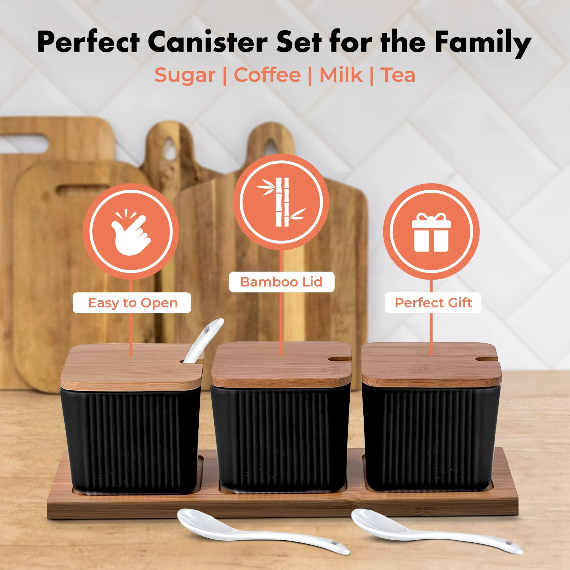 Bruntmor 3 Pcs Kitchen Canister Set, Coffee, Sugar, and Tea Storage Container Jars