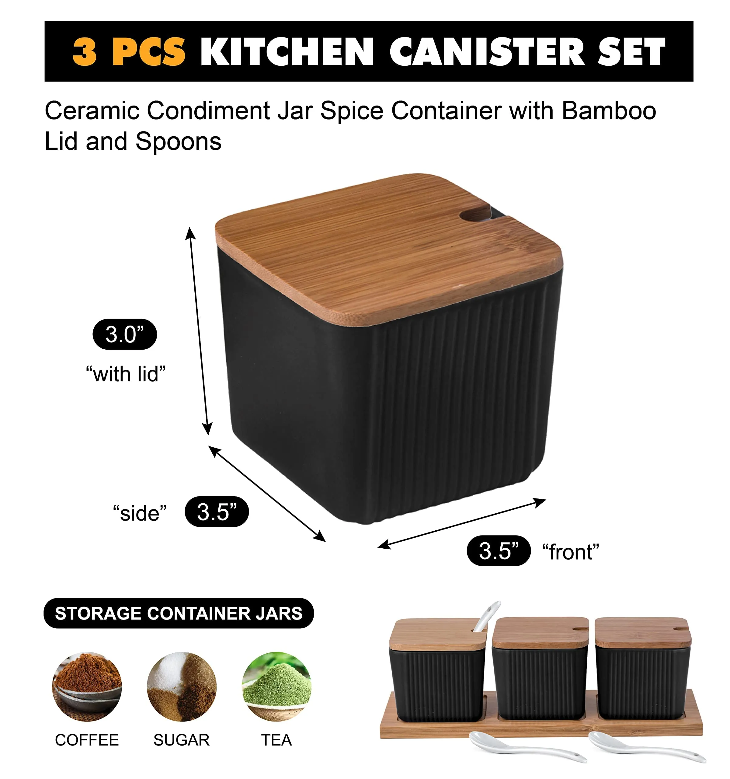 Bruntmor 3 Pcs Kitchen Canister Set, Coffee, Sugar, and Tea Storage Container Jars