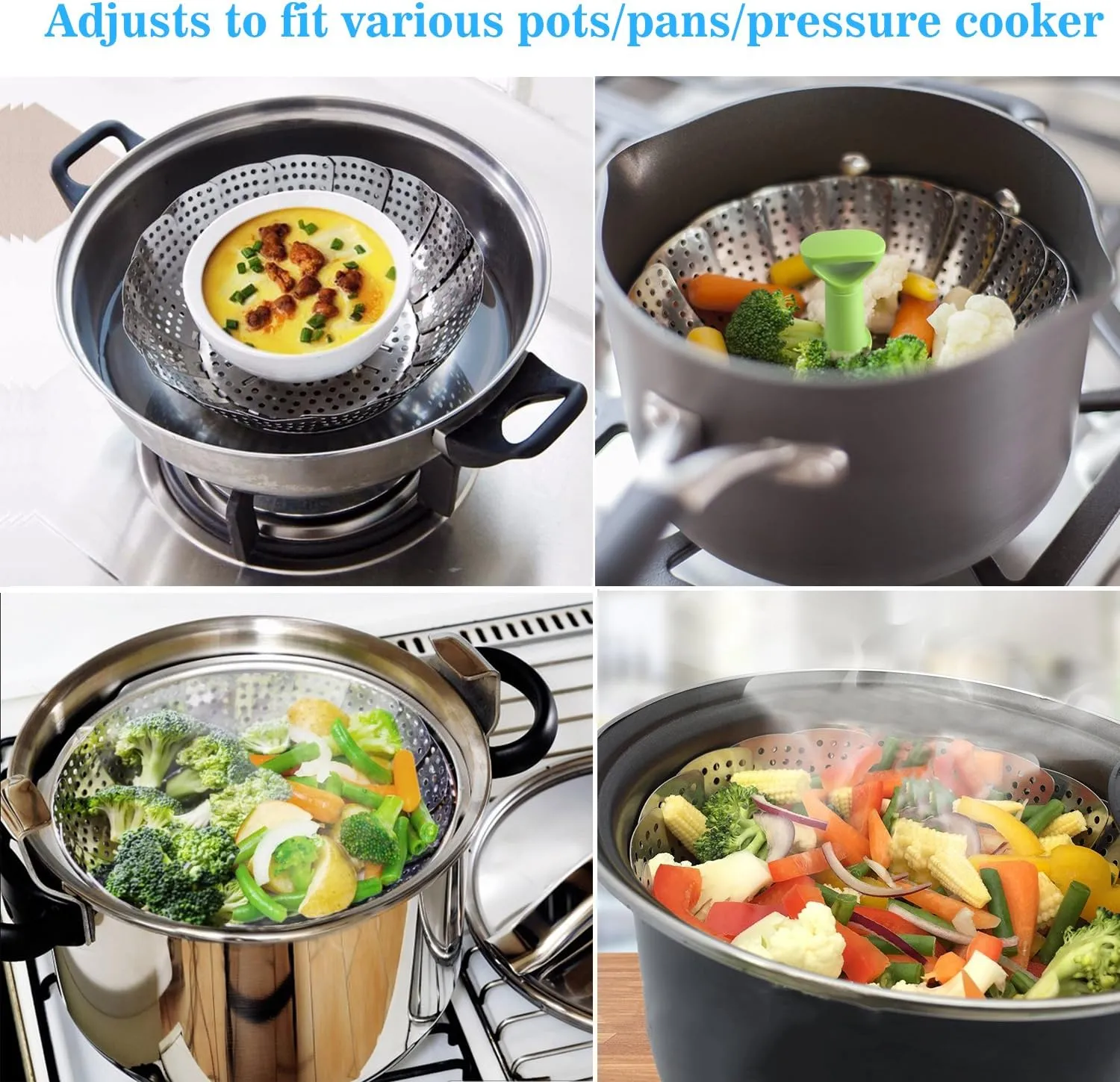 Consevisen Vegetable Steamer Basket for Cooking Food, Stainless Steel Veggie Steam Basket for Pot, Folding Expandable Steaming Insert with Extendable Handle Fits Various Size Pot, 6.4" to 10"