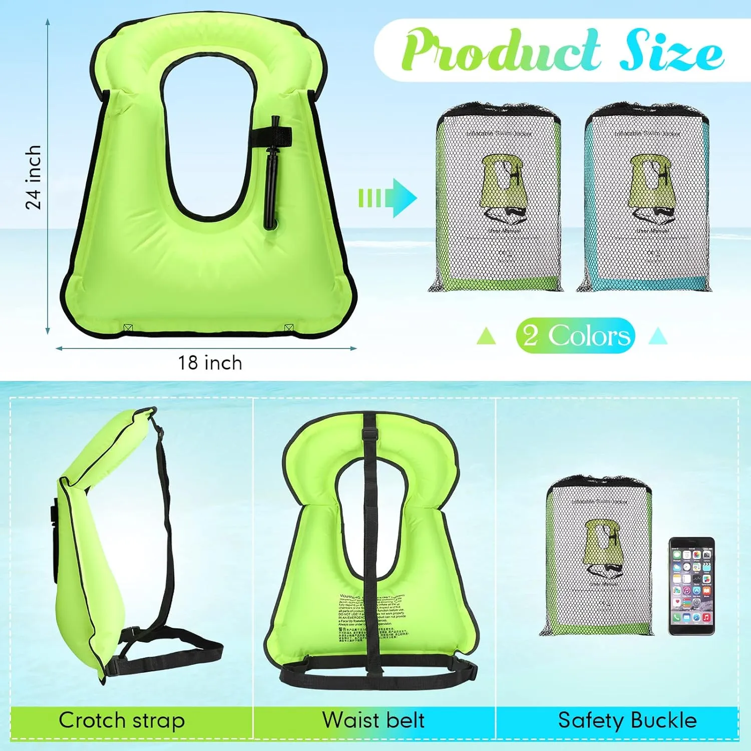 Deekin 2 Pcs Inflatable Snorkel Vest Adults Snorkeling Jackets Portable Jackets Swim Adjustable Safety Vest for Snorkeling Swimming Diving Surfing