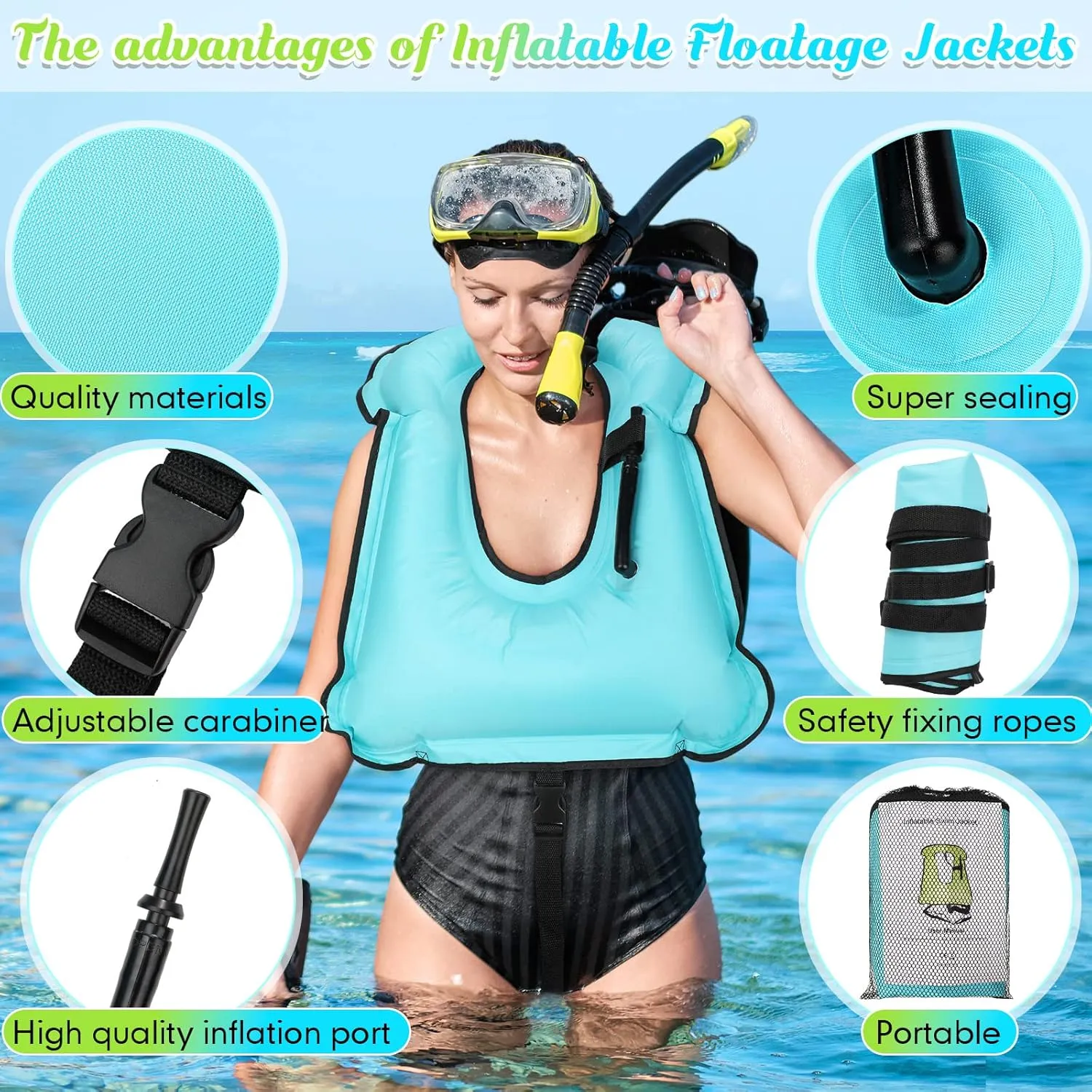 Deekin 2 Pcs Inflatable Snorkel Vest Adults Snorkeling Jackets Portable Jackets Swim Adjustable Safety Vest for Snorkeling Swimming Diving Surfing