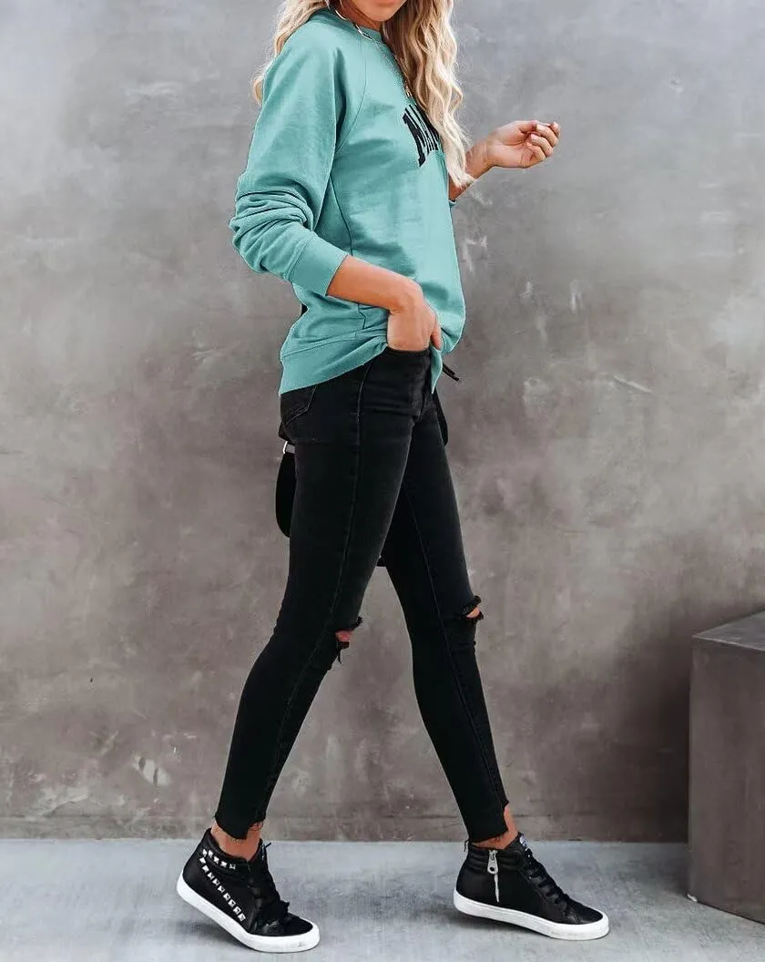 Dressmine Womens Casual Long Sleeve Mama Sweatshirts Knit Loose Graphic Crewneck Pullover Mom Shirt Tops