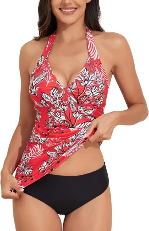 FLOMERIA Tankini Bathing Suits for Women Ruched Halter Pull-On Two Piece Swimsuits Sets