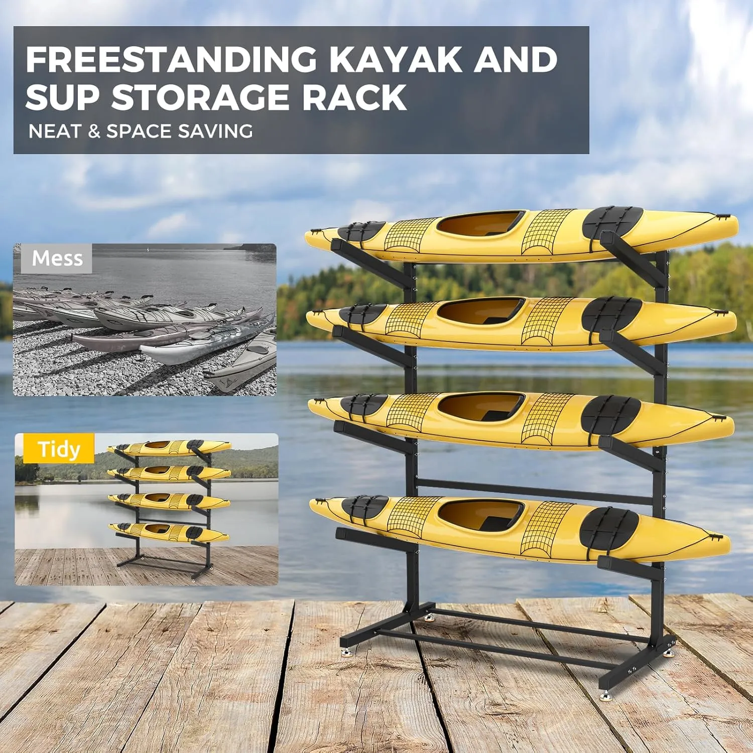 Freestanding Kayak Storage Rack, Indoor/Outdoor Heavy Duty Kayak Rack with Adjustable Foot Pad, Weather Resistant Supports up to 200/300/400 Lbs2/3/4 Levels