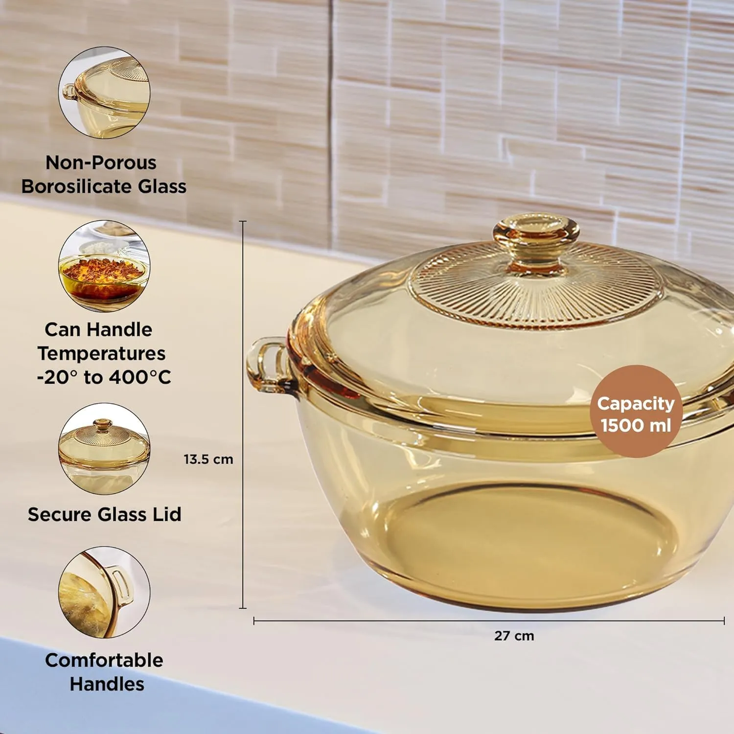 Kuber Industries Borosilicate Glass Serving Bowl with Lid 1500ml | Microwave Safe Bowl & Dishwasher Safe | Salad Bowl | Rice, Biryani, Pulao, Curries, Roti | Scratch Resistant | BPA Free | Transparent