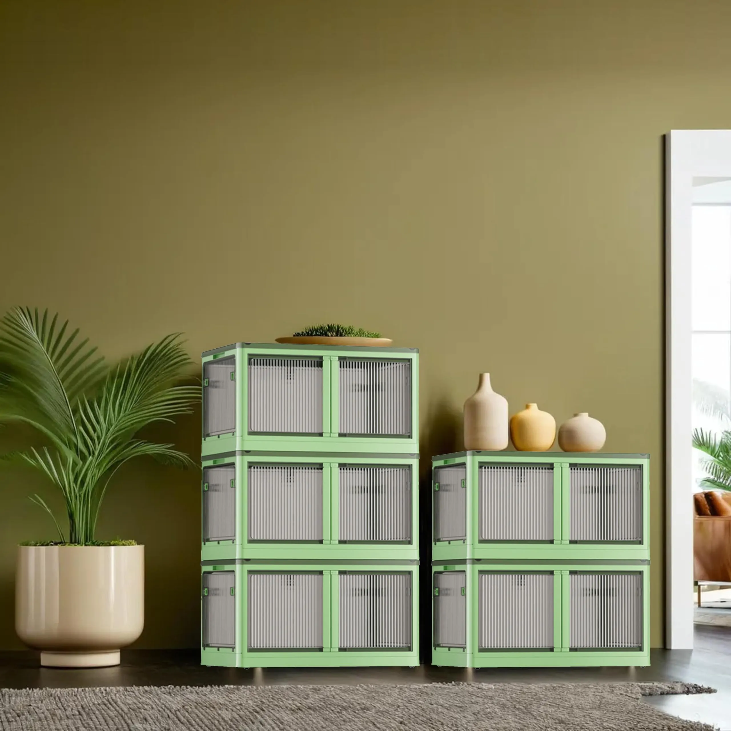Kuber Industries Pack of 5 Stackable Storage Box With Double Door | Foldable Storage Box With Lid & Wheel | Collapsible Storage Bin for Closet Organizers & Storage | XM9003G | Green