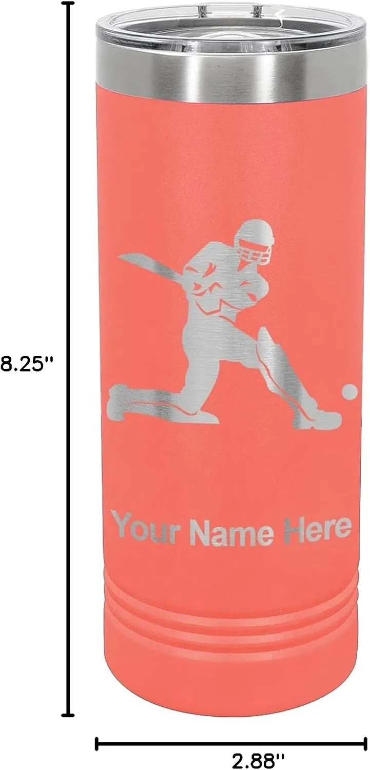 LaserGram 22oz Vacuum Insulated Skinny Tumbler, Cricket Player, Personalized Engraving Included (Coral)