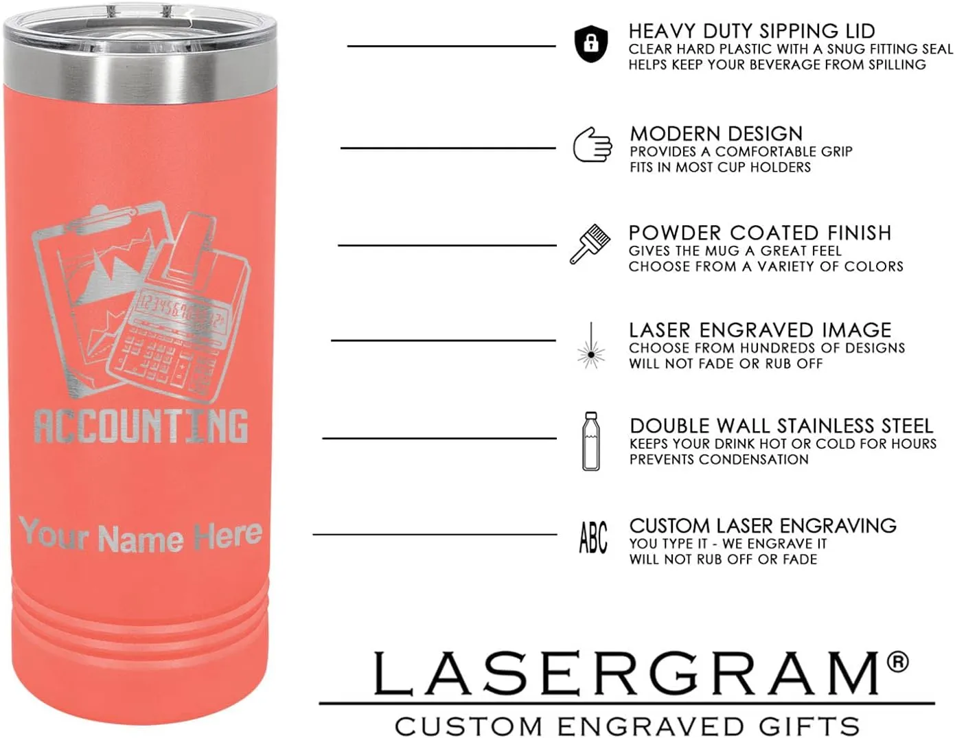 LaserGram 22oz Vacuum Insulated Skinny Tumbler, Cricket Player, Personalized Engraving Included (Coral)