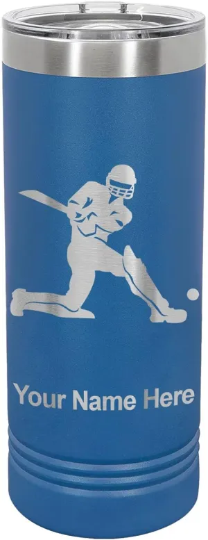 LaserGram 22oz Vacuum Insulated Skinny Tumbler, Cricket Player, Personalized Engraving Included (Dark Blue)