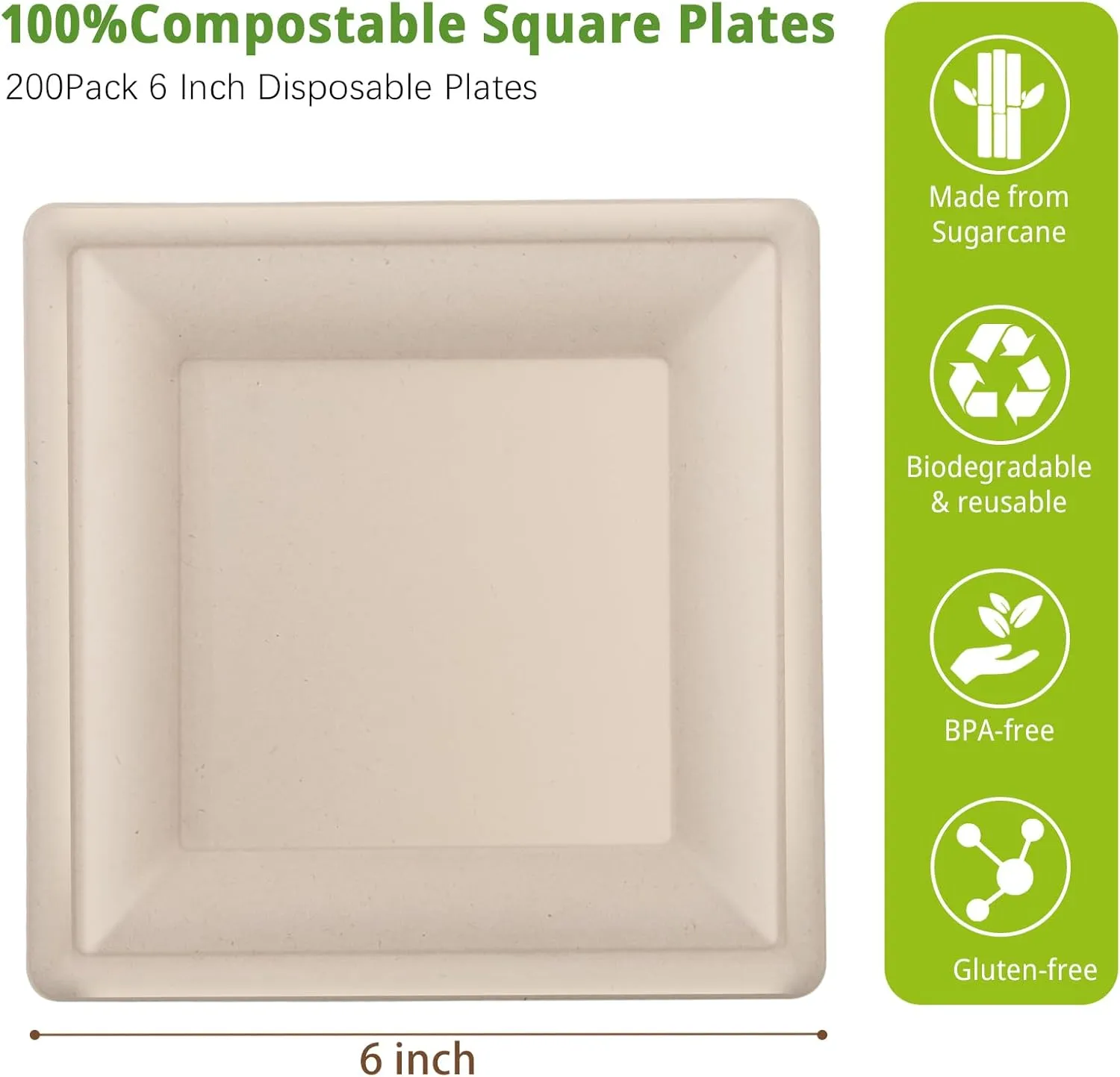 LIYH 200 Pack 6 Inch Compostable Sugarcane Square Small Paper Plates  Biodegradable Dessert & Cocktail Plates Disposable, Made of Sugar Cane Fibers Brown
