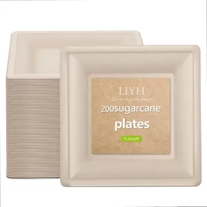 LIYH 200 Pack 6 Inch Compostable Sugarcane Square Small Paper Plates  Biodegradable Dessert & Cocktail Plates Disposable, Made of Sugar Cane Fibers Brown
