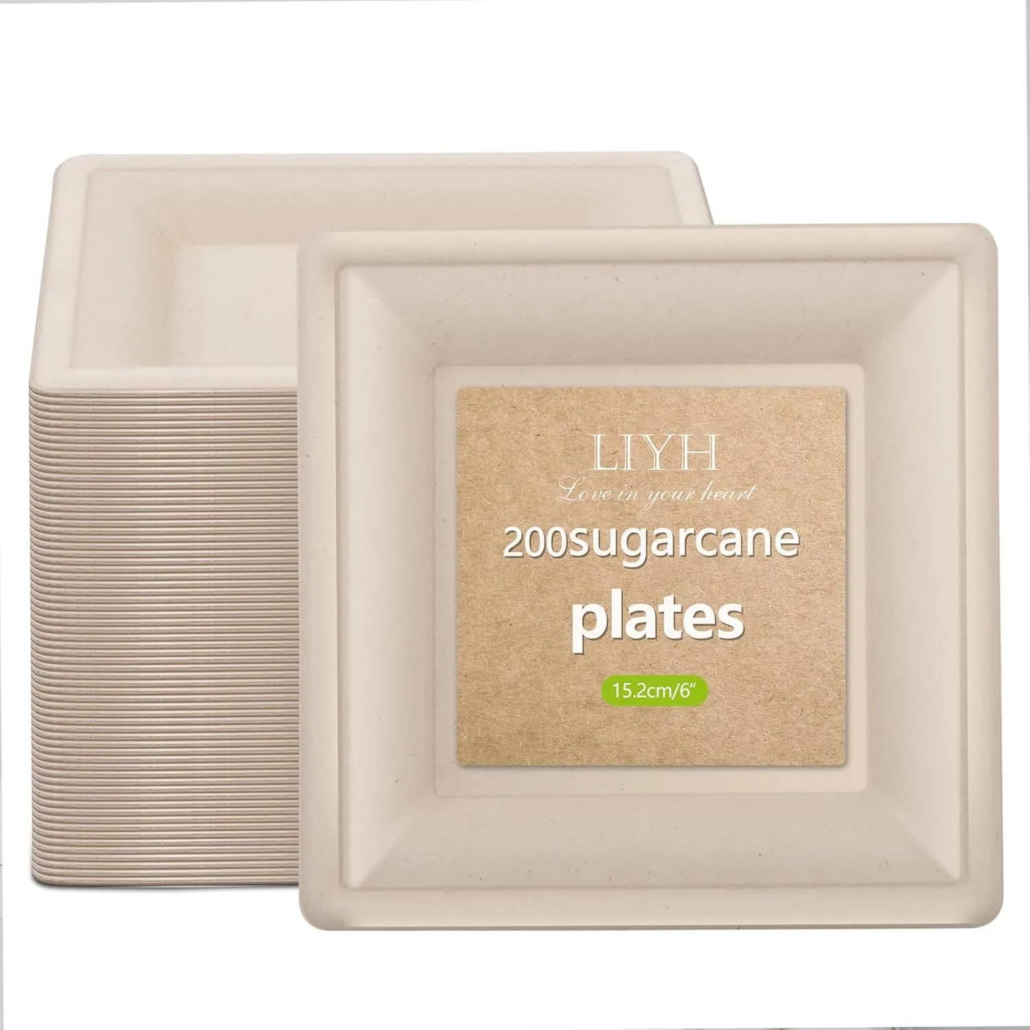 LIYH 200 Pack 6 Inch Compostable Sugarcane Square Small Paper Plates  Biodegradable Dessert & Cocktail Plates Disposable, Made of Sugar Cane Fibers Brown