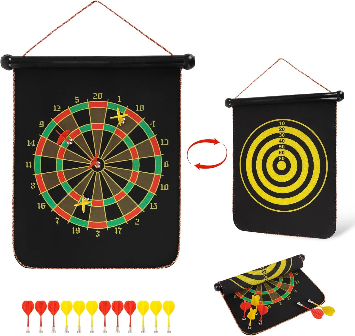 Magnetic Dart Board, 15 x 12 Inches Dart Boards for Adults and Teen, Two Sided Roll Up Dartboard,12 Magnetic Safe Darts, Indoor Outdoor Game, Room Decor, Best Gifts for Teen Boys 13-18