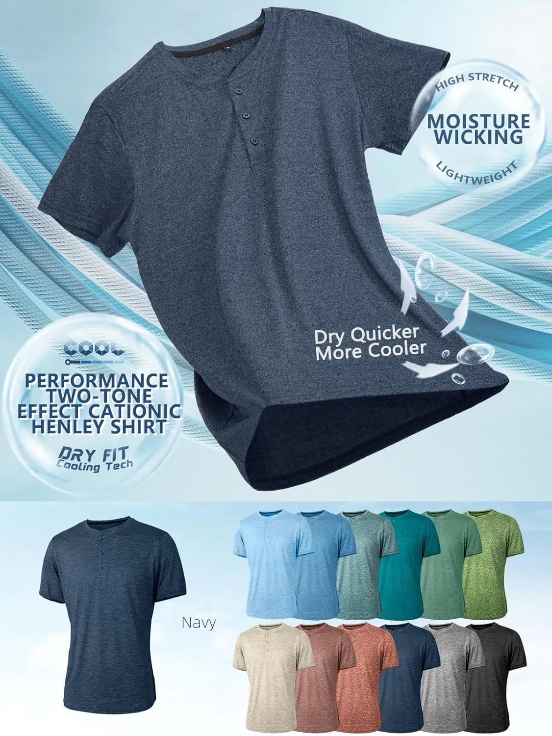 Mens Henley Shirt Dry Fit Tech 3 Button Slim Fit Quick Dry Gym Tshirt Short Sleeve Lightweight Casual T Basic Tee