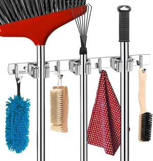 Mop And Broom Holder Wall Mount, Stainless Steel Mop Holder With Hooks, Brooms And Mops Tool Organizer For Closet Laundry Utility Room Garage (3 Racks & 4 Hooks)