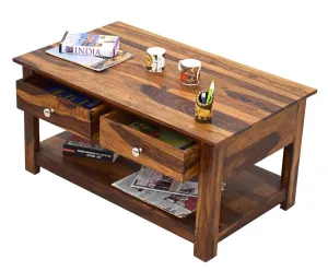 SHRI RAM ENTERPRISES Sheesham Wood DENSON Center Coffee Table with 2 Drawer Shelf Storage Wooden Multiutility Teapoy Sofa Table for Living Room Home Office
