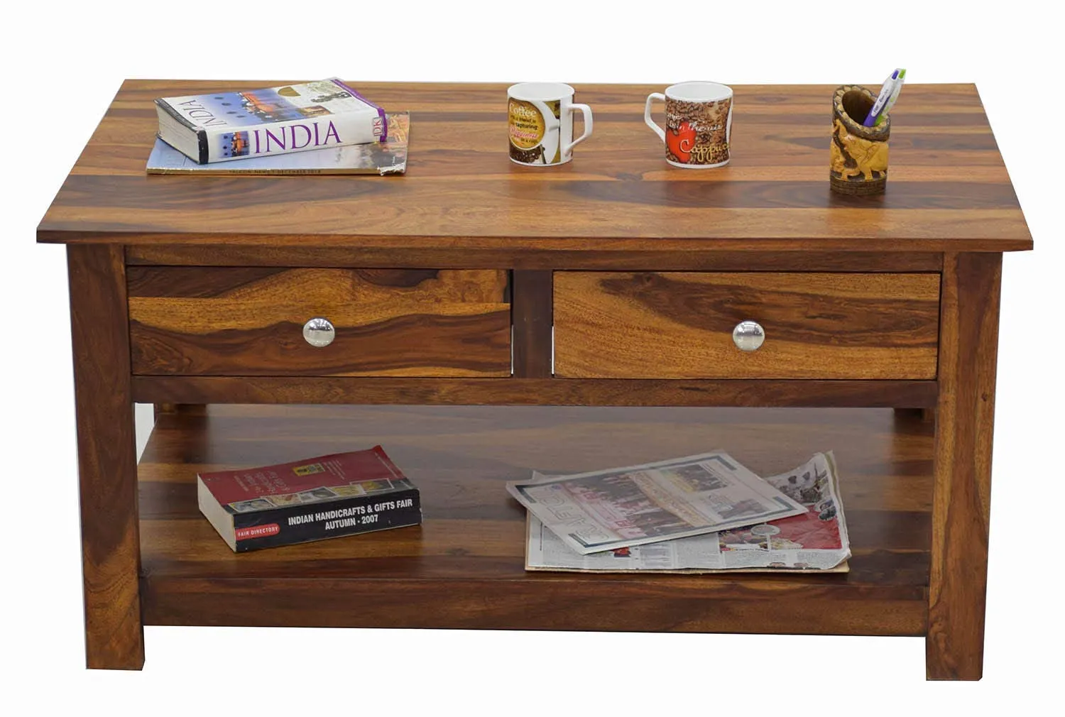 SHRI RAM ENTERPRISES Sheesham Wood DENSON Center Coffee Table with 2 Drawer Shelf Storage Wooden Multiutility Teapoy Sofa Table for Living Room Home Office