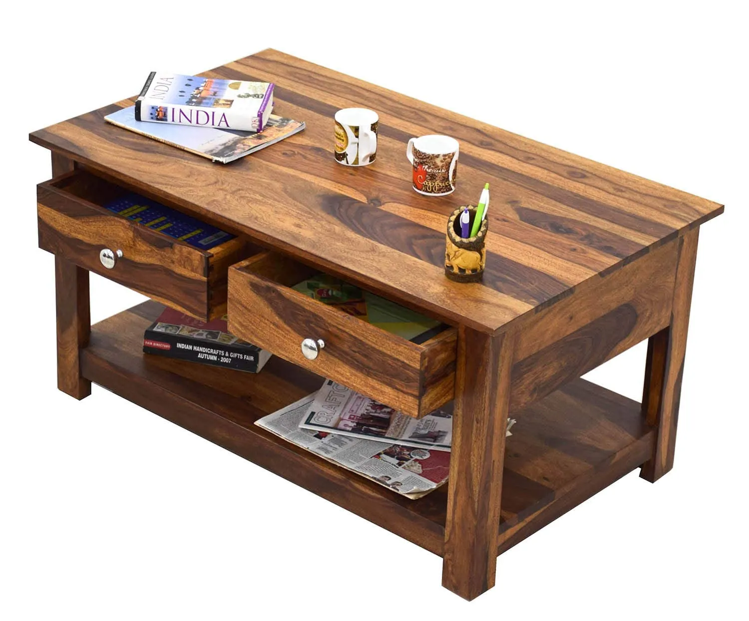SHRI RAM ENTERPRISES Sheesham Wood DENSON Center Coffee Table with 2 Drawer Shelf Storage Wooden Multiutility Teapoy Sofa Table for Living Room Home Office