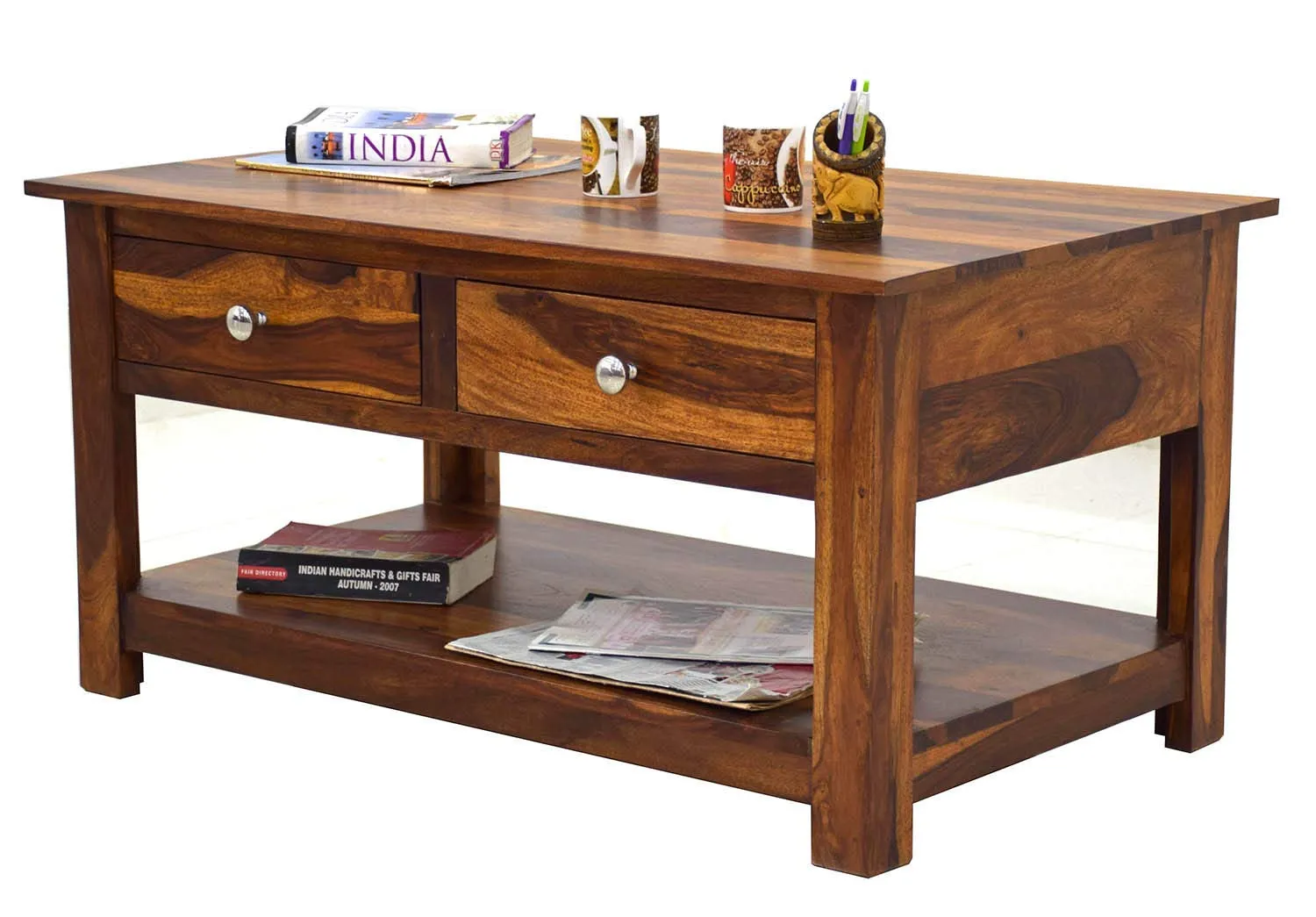 SHRI RAM ENTERPRISES Sheesham Wood DENSON Center Coffee Table with 2 Drawer Shelf Storage Wooden Multiutility Teapoy Sofa Table for Living Room Home Office