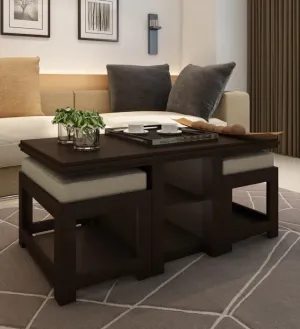 Unique Woodcraft Sheesham Wood Coffee Table with 2 Nesting Stools and Shelf Storage Multipurpose Teapoy Table Sofa Table for Living Room Home and Office (Walnut Finish)