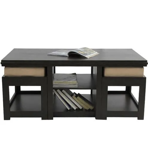 Unique Woodcraft Sheesham Wood Coffee Table with 2 Nesting Stools and Shelf Storage Multipurpose Teapoy Table Sofa Table for Living Room Home and Office (Walnut Finish)