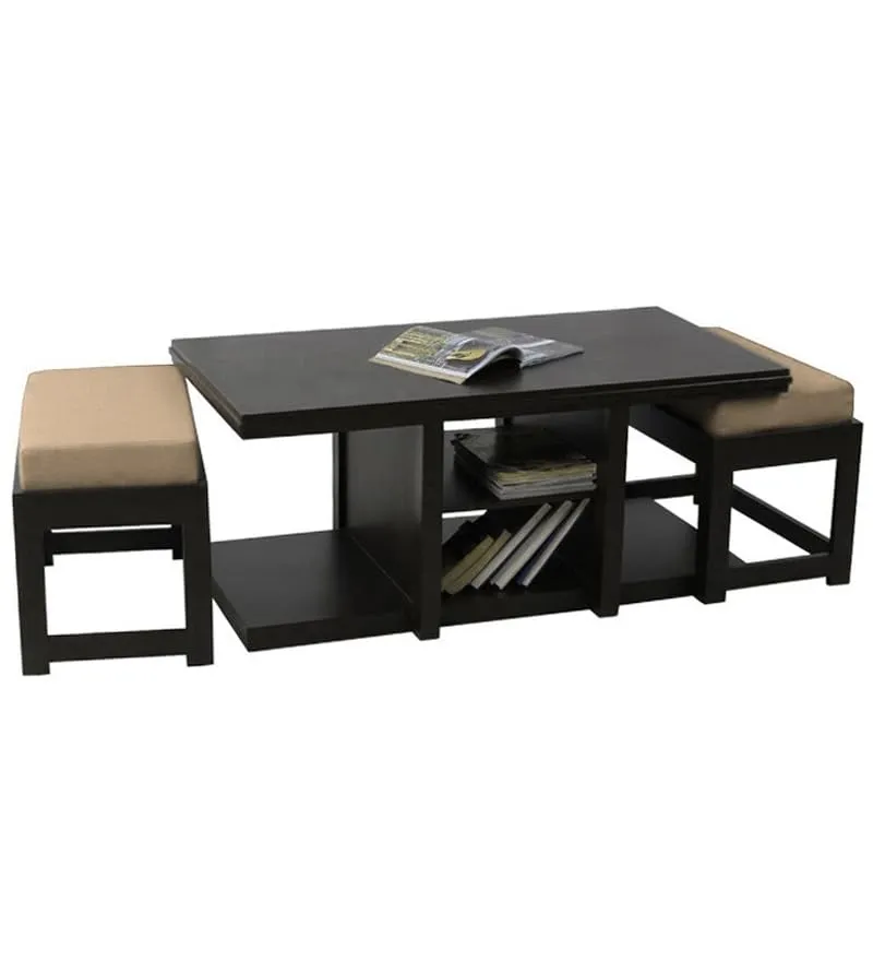 Unique Woodcraft Sheesham Wood Coffee Table with 2 Nesting Stools and Shelf Storage Multipurpose Teapoy Table Sofa Table for Living Room Home and Office (Walnut Finish)